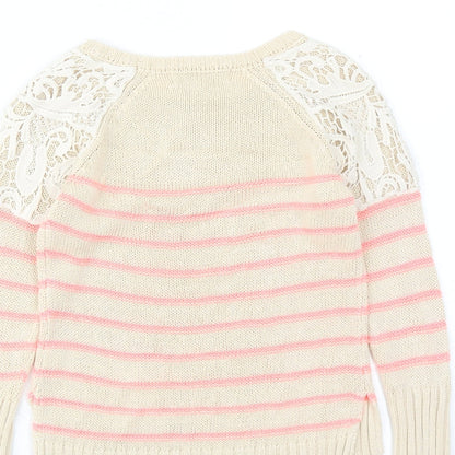 Pink Republic Womens Beige Round Neck Striped Cotton Pullover Jumper Size 4 - Lace Detail