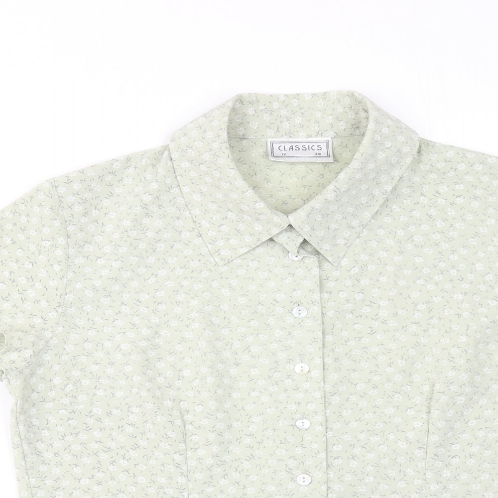 Classics Womens Green Floral Polyester Basic Button-Up Size 12 Collared