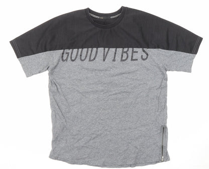 Seed Mens Grey Colourblock Cotton T-Shirt Size L Crew Neck Zip - Good vibes