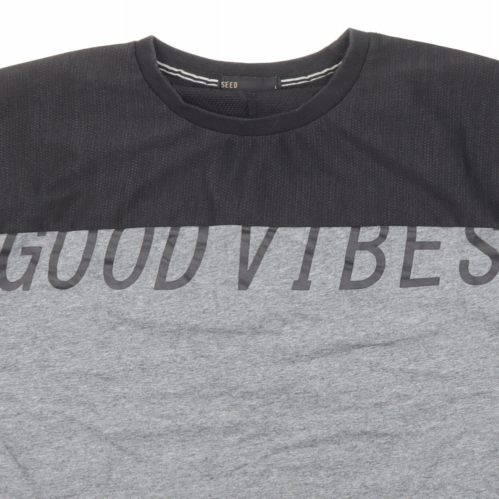 Seed Mens Grey Colourblock Cotton T-Shirt Size L Crew Neck Zip - Good vibes