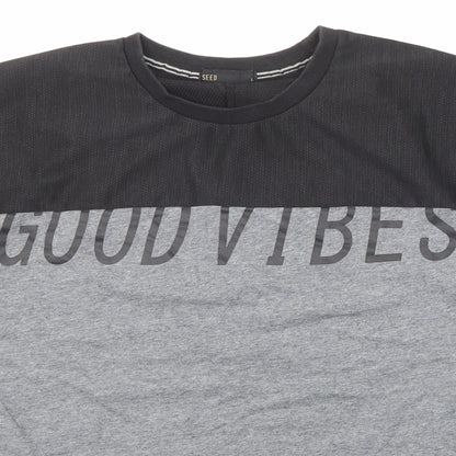 Seed Mens Grey Colourblock Cotton T-Shirt Size L Crew Neck Zip - Good vibes