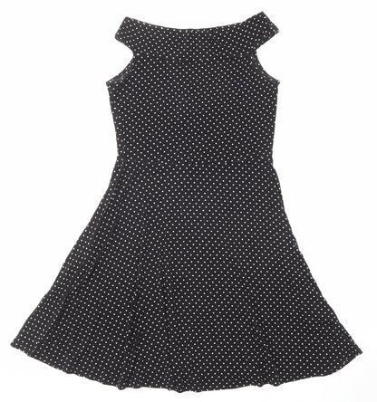 Miss Selfridge Womens Black Polka Dot Viscose Fit & Flare Size 8 Boat Neck Pullover