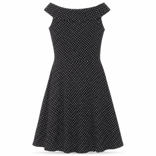 Front view of Miss Selfridge women’s black polka dot viscose fit & flare, size UK 8, boat neck pullover