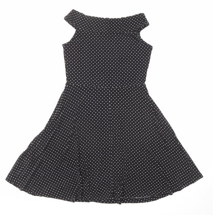 Miss Selfridge Womens Black Polka Dot Viscose Fit & Flare Size 8 Boat Neck Pullover