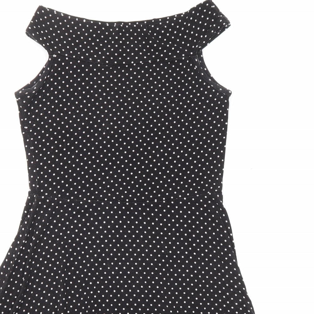 Miss Selfridge Womens Black Polka Dot Viscose Fit & Flare Size 8 Boat Neck Pullover