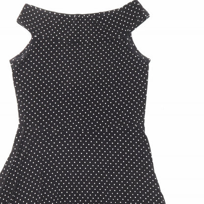 Miss Selfridge Womens Black Polka Dot Viscose Fit & Flare Size 8 Boat Neck Pullover