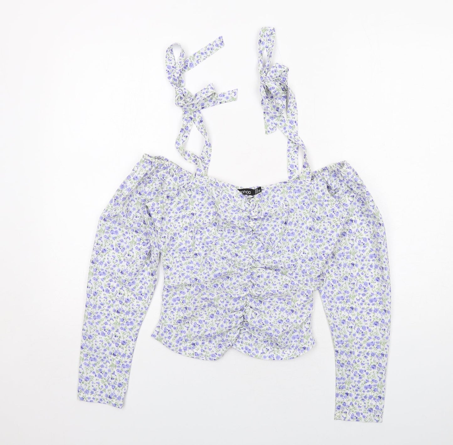 Boohoo Womens White Floral Polyester Cropped Blouse Size 6 V-Neck - Cold Shoulder