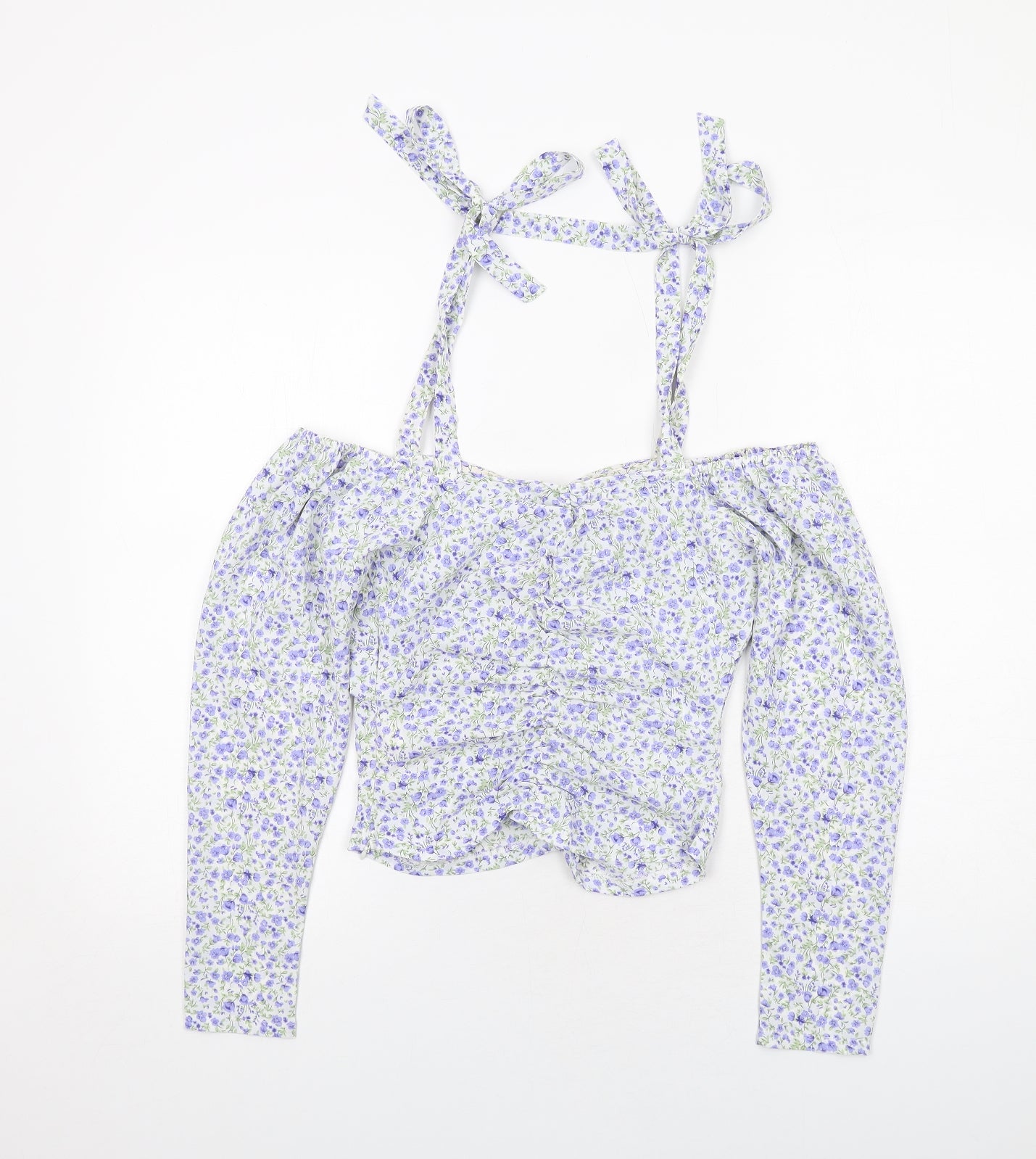 Boohoo Womens White Floral Polyester Cropped Blouse Size 6 V-Neck - Cold Shoulder