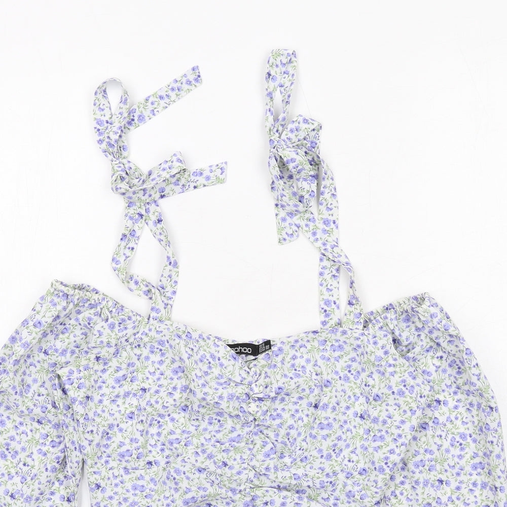 Boohoo Womens White Floral Polyester Cropped Blouse Size 6 V-Neck - Cold Shoulder