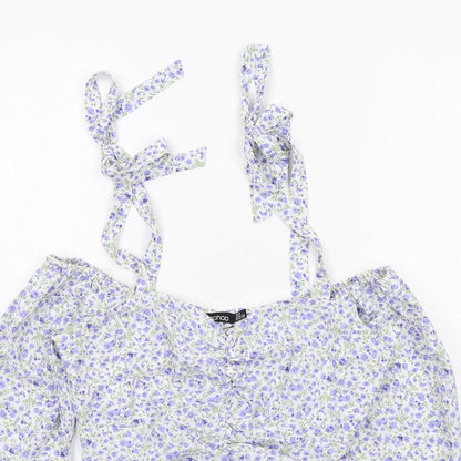 Boohoo Womens White Floral Polyester Cropped Blouse Size 6 V-Neck - Cold Shoulder