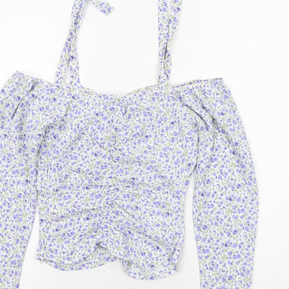 Boohoo Womens White Floral Polyester Cropped Blouse Size 6 V-Neck - Cold Shoulder