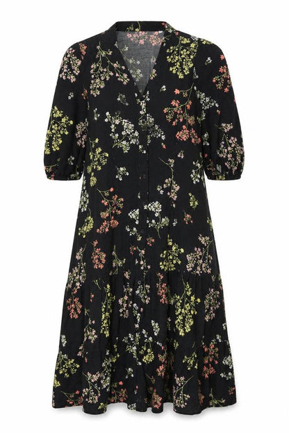 And/Or Womens Black Floral Polyester A-Line Size 10 V-Neck Button