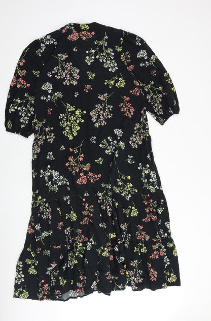 And/Or Womens Black Floral Polyester A-Line Size 10 V-Neck Button