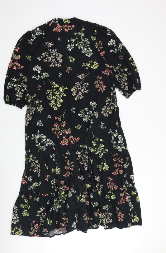 And/Or Womens Black Floral Polyester A-Line Size 10 V-Neck Button