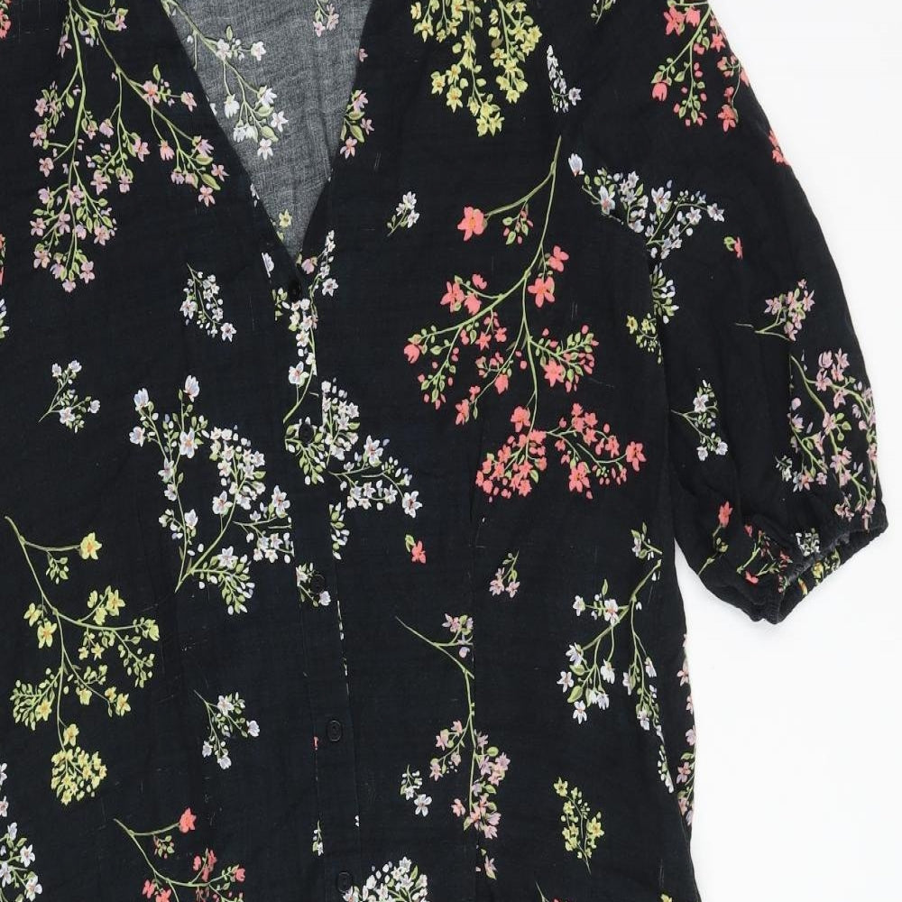 And/Or Womens Black Floral Polyester A-Line Size 10 V-Neck Button