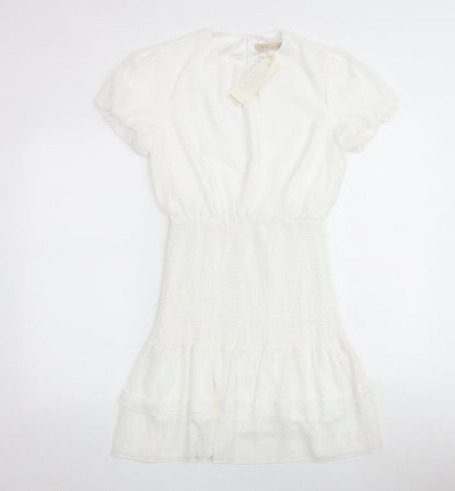 Voyelles Womens White Polyester Mini Size M Round Neck Button