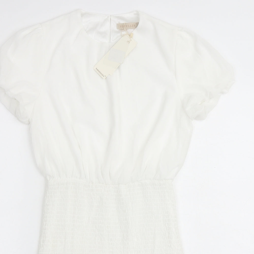 Voyelles Womens White Polyester Mini Size M Round Neck Button