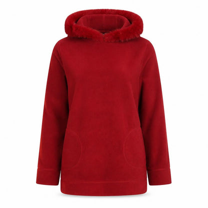NAF NAF Womens Red Polyester Pullover Hoodie Size M Pullover - Fur Hood Pockets Elbow Patches
