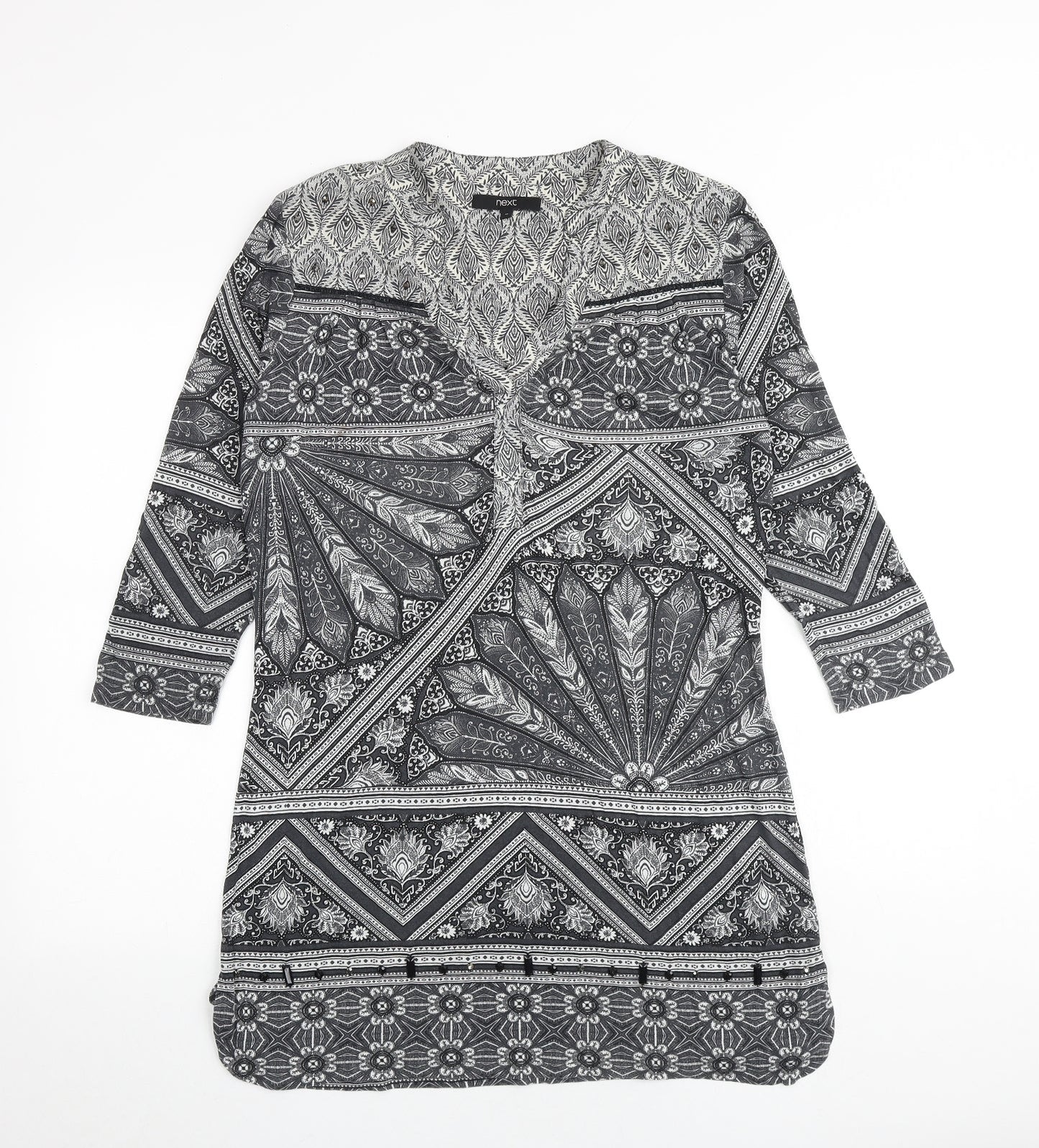 NEXT Womens Black Geometric Viscose A-Line Size 12 V-Neck Pullover