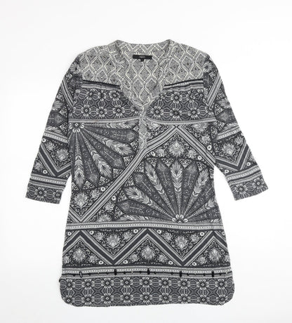 NEXT Womens Black Geometric Viscose A-Line Size 12 V-Neck Pullover