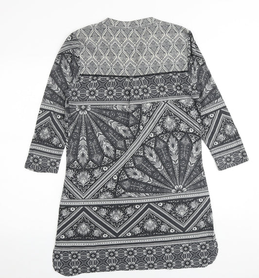 NEXT Womens Black Geometric Viscose A-Line Size 12 V-Neck Pullover