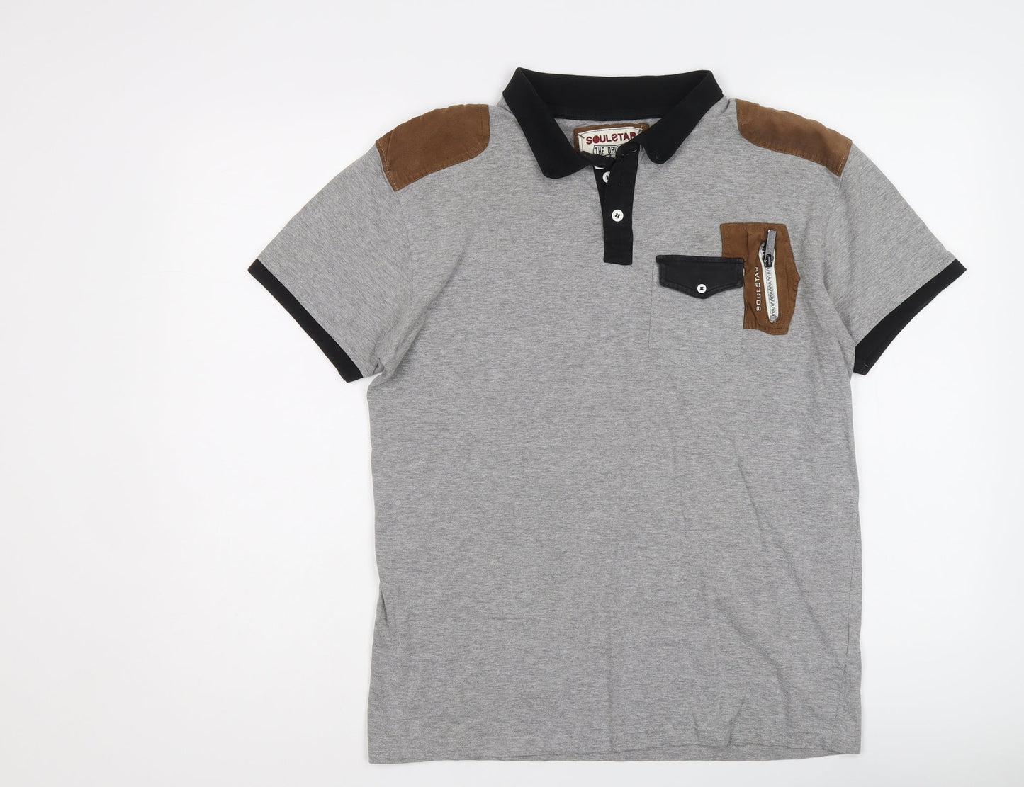 Soul Star Mens Grey Cotton Polo Size L Collared Button