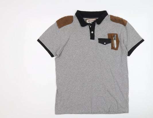 Soul Star Mens Grey Cotton Polo Size L Collared Button