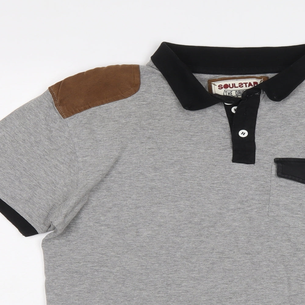 Soul Star Mens Grey Cotton Polo Size L Collared Button