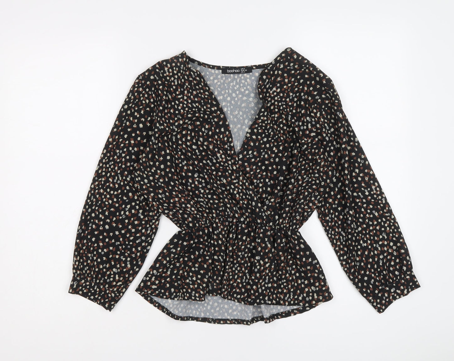 Boohoo Womens Black Geometric Polyester Basic Blouse Size 8 V-Neck