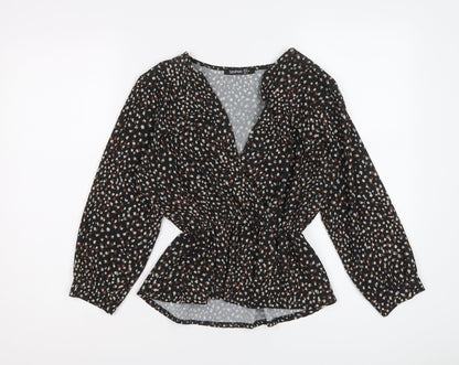 Boohoo Womens Black Geometric Polyester Basic Blouse Size 8 V-Neck