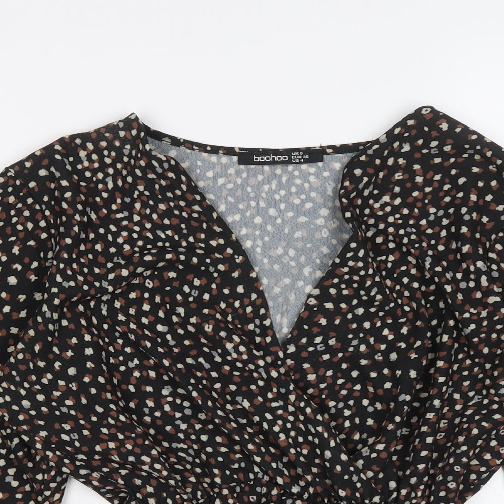 Boohoo Womens Black Geometric Polyester Basic Blouse Size 8 V-Neck