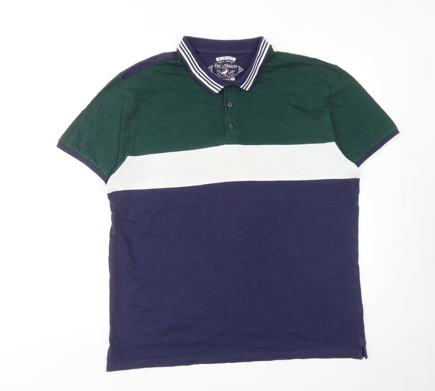 Red Herring Mens Blue Colourblock Cotton Polo Size L Collared Button