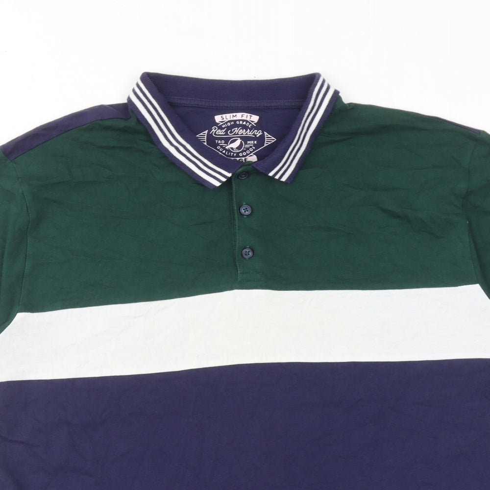 Red Herring Mens Blue Colourblock Cotton Polo Size L Collared Button
