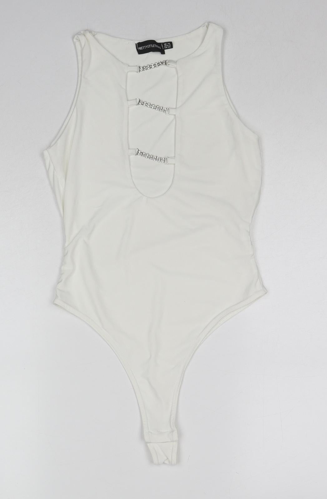PRETTYLITTLETHING Womens White Polyester Bodysuit One-Piece Size 10 Pullover