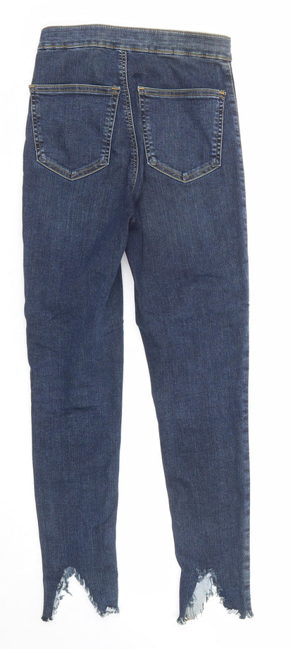 Topshop Womens Blue Cotton Skinny Jeans Size 26 in L30 in Regular Zip - Distressed Hem Look
