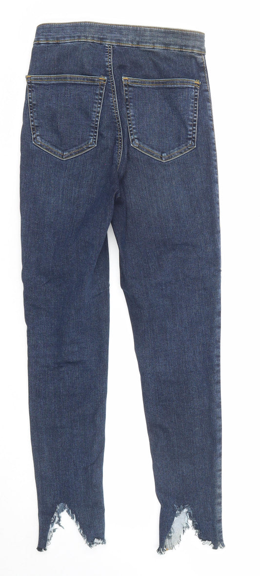 Topshop Womens Blue Cotton Skinny Jeans Size 26 in L30 in Regular Zip - Distressed Hem Look