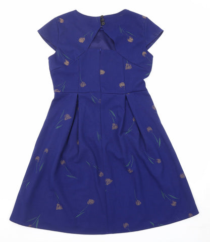 Real Form Womens Blue Floral Polyester Shift Size 12 Round Neck Zip