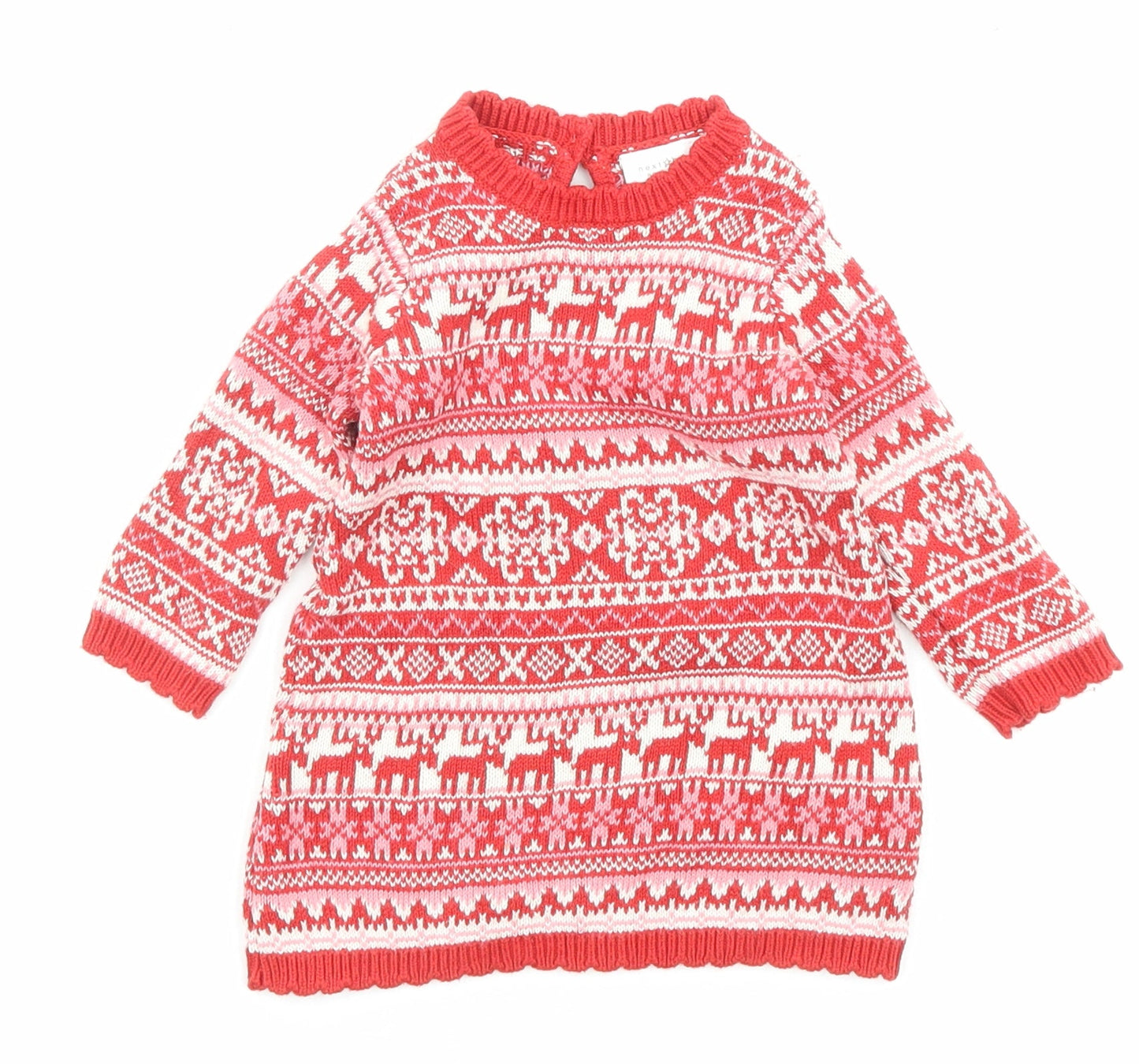 NEXT Girls Red Fair Isle Cotton Jumper Dress Size 3-6 Months Crew Neck Button