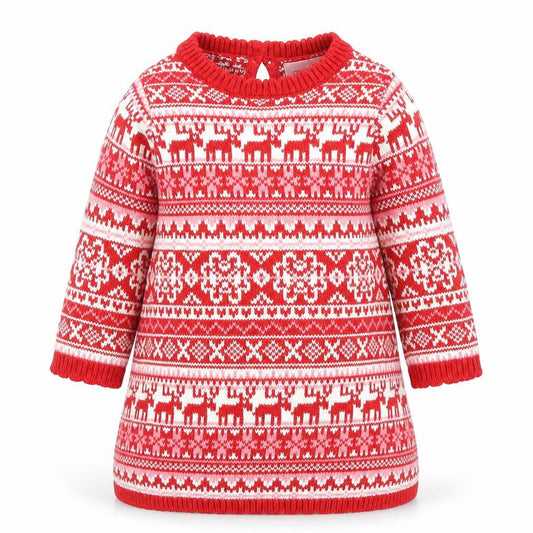 NEXT Girls Red Fair Isle Cotton Jumper Dress Size 3-6 Months Crew Neck Button
