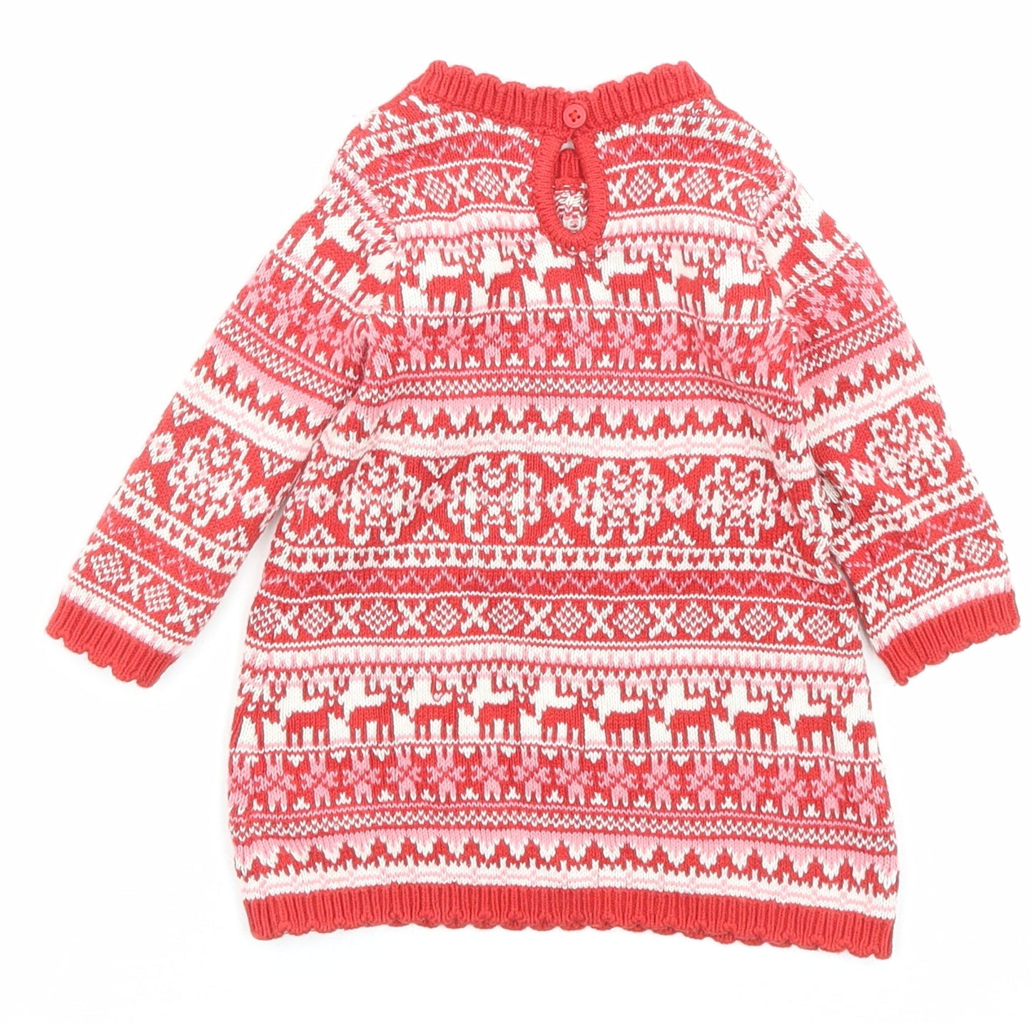 NEXT Girls Red Fair Isle Cotton Jumper Dress Size 3-6 Months Crew Neck Button