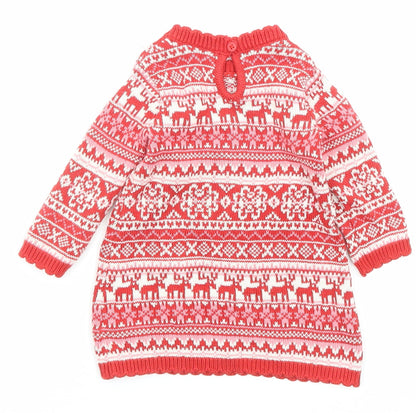 NEXT Girls Red Fair Isle Cotton Jumper Dress Size 3-6 Months Crew Neck Button