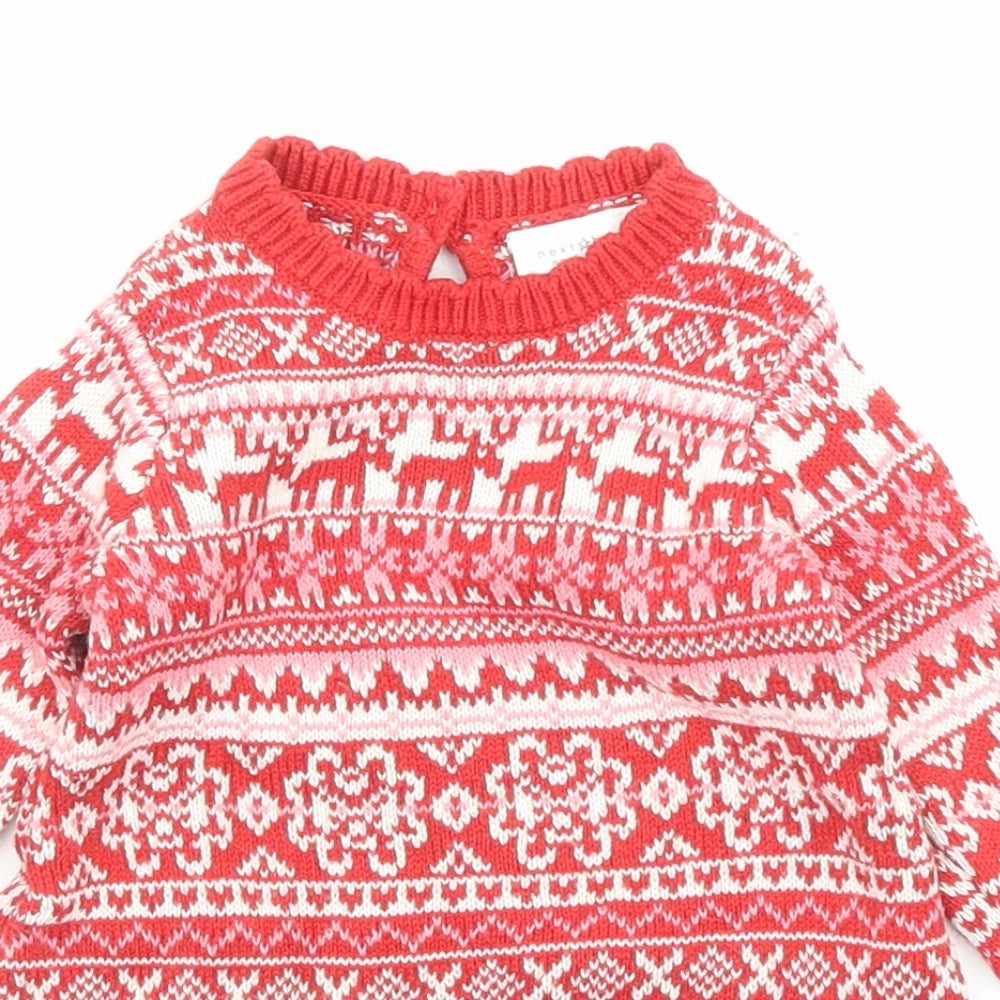 NEXT Girls Red Fair Isle Cotton Jumper Dress Size 3-6 Months Crew Neck Button