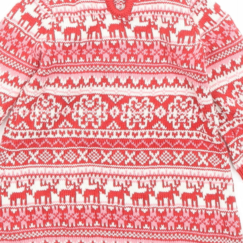 NEXT Girls Red Fair Isle Cotton Jumper Dress Size 3-6 Months Crew Neck Button