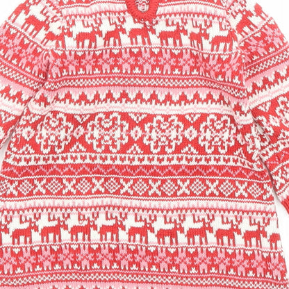 NEXT Girls Red Fair Isle Cotton Jumper Dress Size 3-6 Months Crew Neck Button