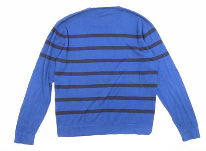 Ungaro Mens Blue Round Neck Striped Cotton Pullover Jumper Size L Long Sleeve