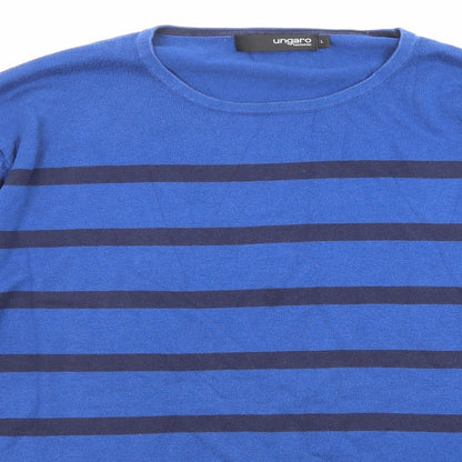 Ungaro Mens Blue Round Neck Striped Cotton Pullover Jumper Size L Long Sleeve