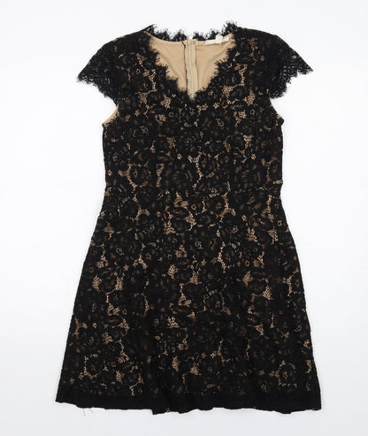 Rebellion Womens Black Floral Cotton A-Line Size M V-Neck Zip