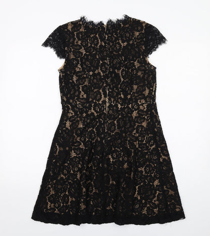 Rebellion Womens Black Floral Cotton A-Line Size M V-Neck Zip