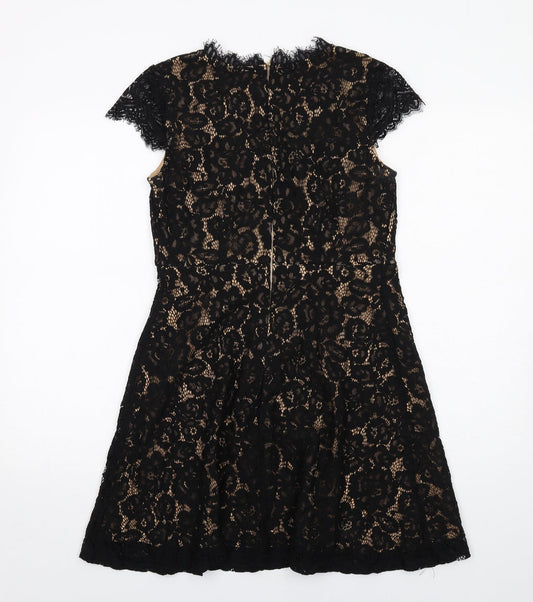 Rebellion Womens Black Floral Cotton A-Line Size M V-Neck Zip