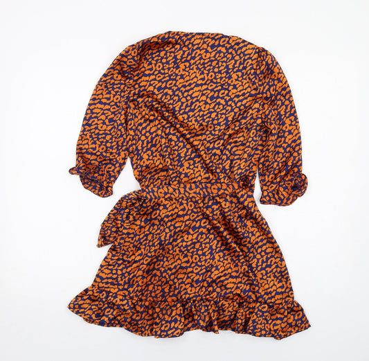 Boohoo Womens Orange Animal Print Polyester Wrap Dress Size 4 V-Neck Tie - Leopard pattern